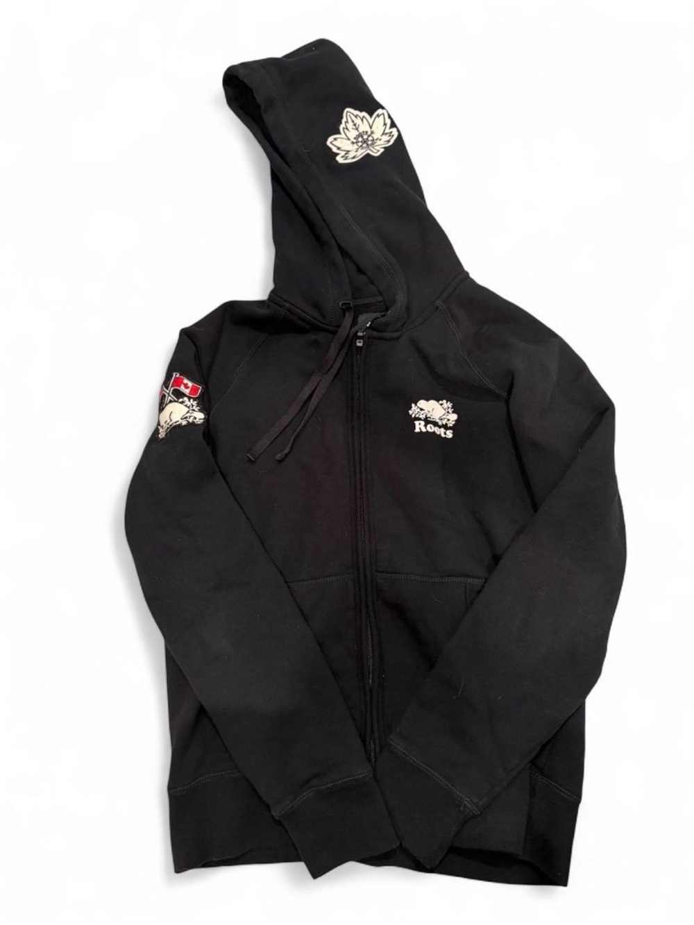 Roots Black Full-Zip Hoodie with White Bevelled Logo